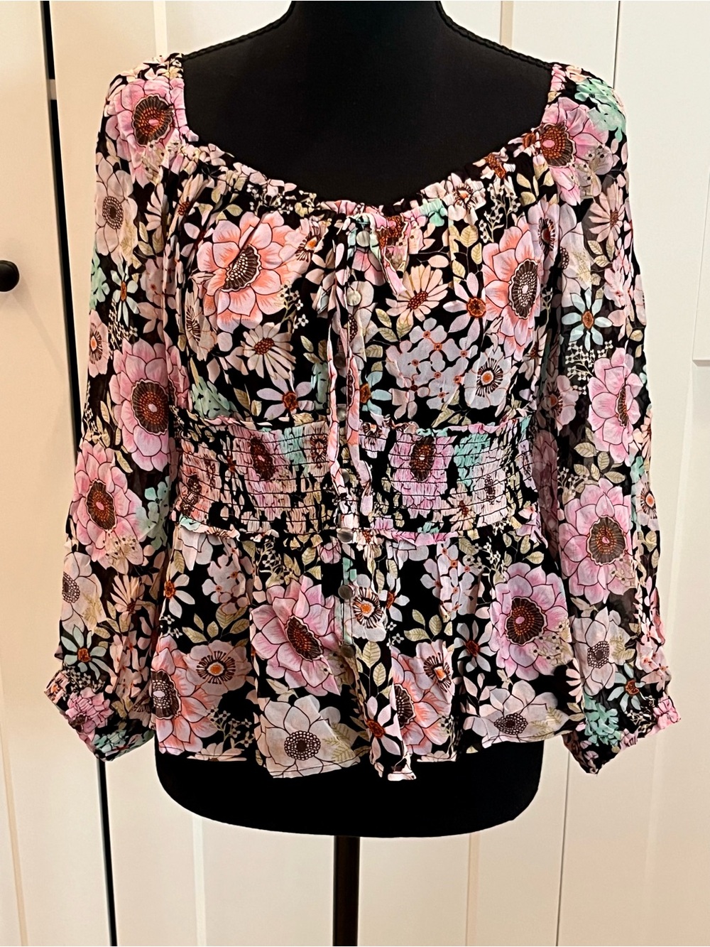 Maeve Anthropologie Black Floral Smocked Peasant Blouse w/ Pink & Mint Accents